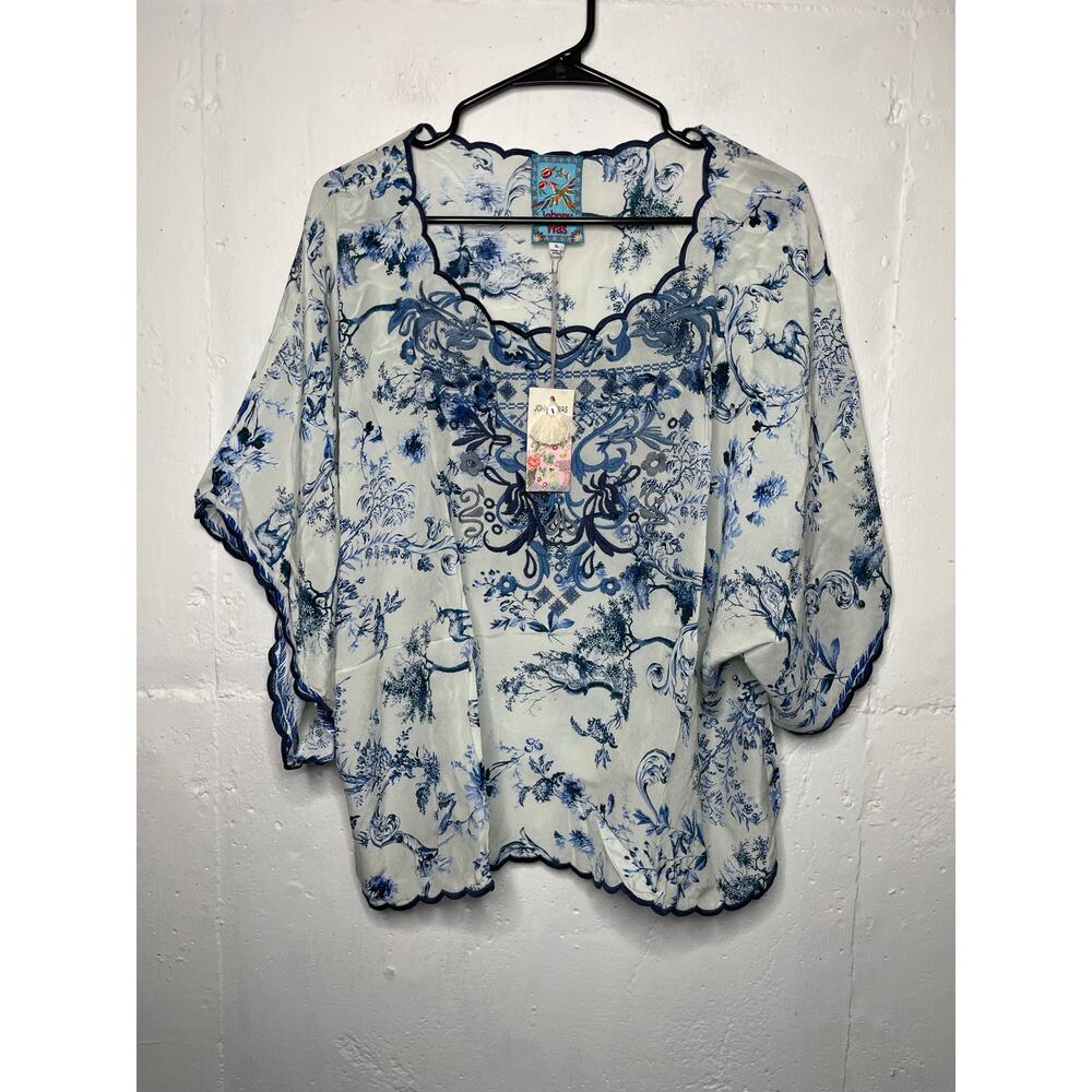 NEW Johnny Was Silk Addy Top in blue toile, blue and gray embroidery Size XL